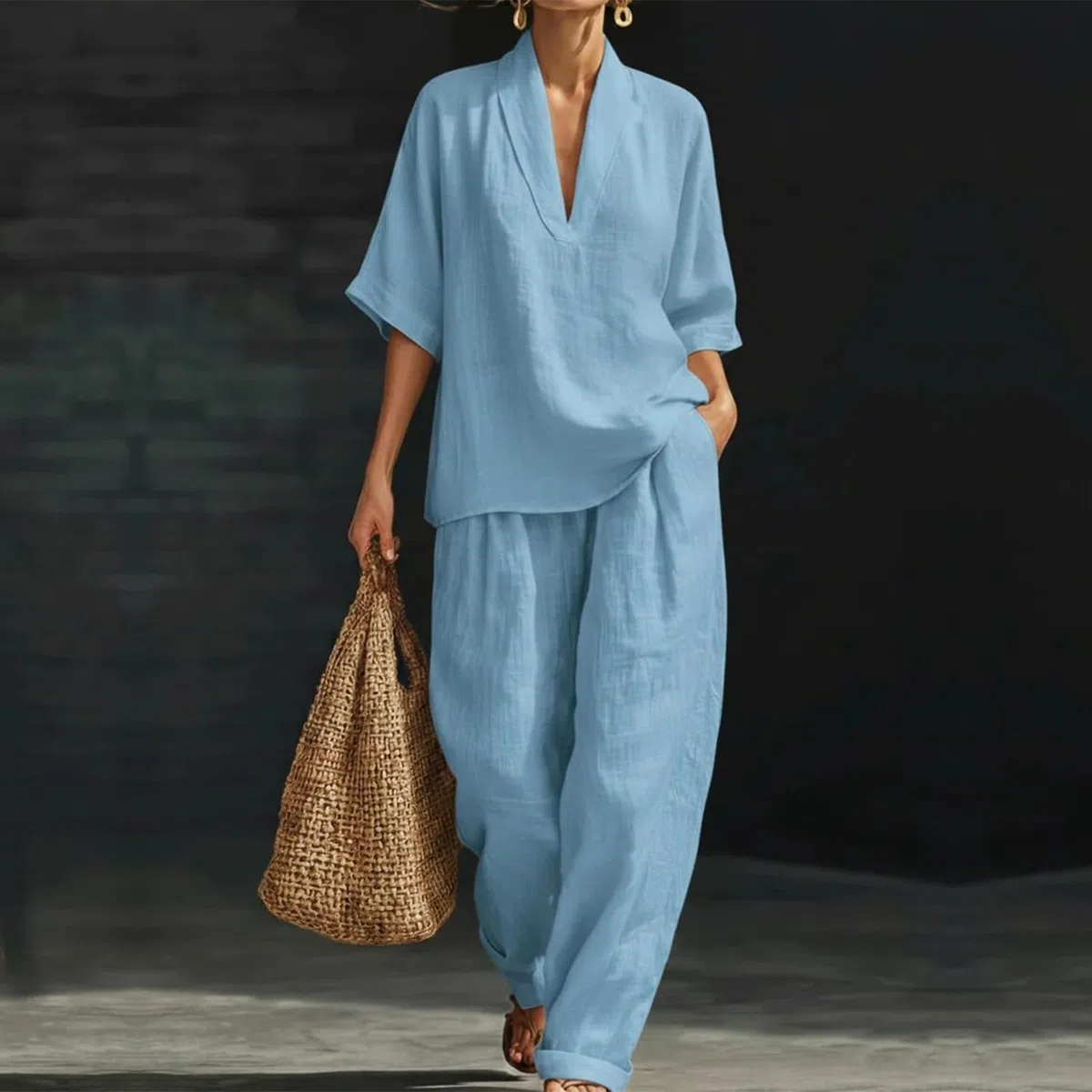 2 Teiler Damen Sommer Trainingsanzüge Zweiteiliges Set Kurzarm Knopfbluse & Weite Hose Musselin Leinenanzug Elegant Leichte Hosenanzug Strand Outfits Einfarbig Hausanzug Freizeitanzug