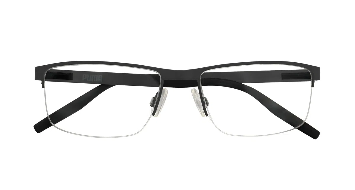 Puma Brille mit Sehstärke für Herren optional mit Sonnenbrillentönung oder Blaulichtfilter, Rechteckig, gefertigt aus Metall, Modell: PU0255O-001 (inklusive Brillenetui)