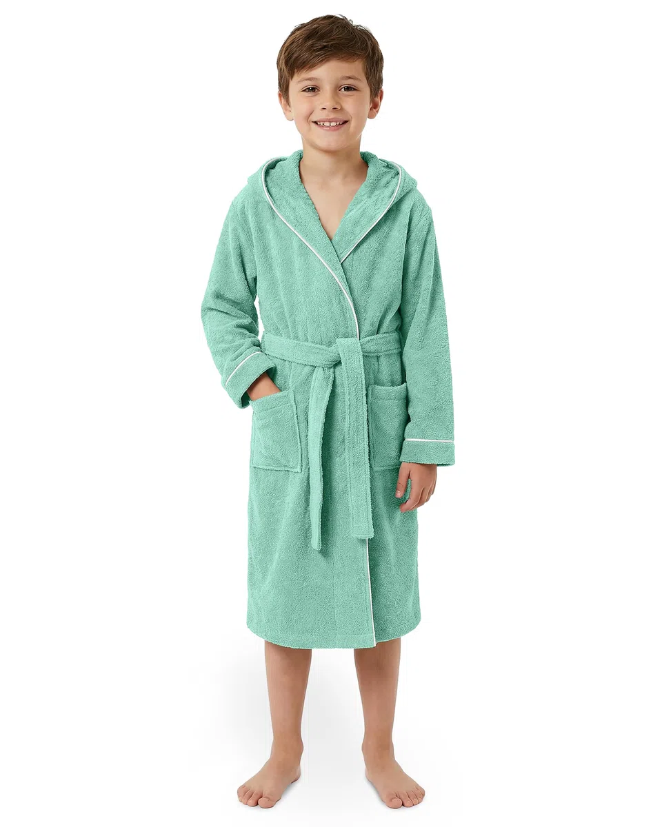 LAYNENBURG Premium Bademantel Kinder & Teenager mit Kapuze - 100% Baumwolle - OEKO TEX Standard 100 - flauschiges Frottee - Größen 110 bis 176