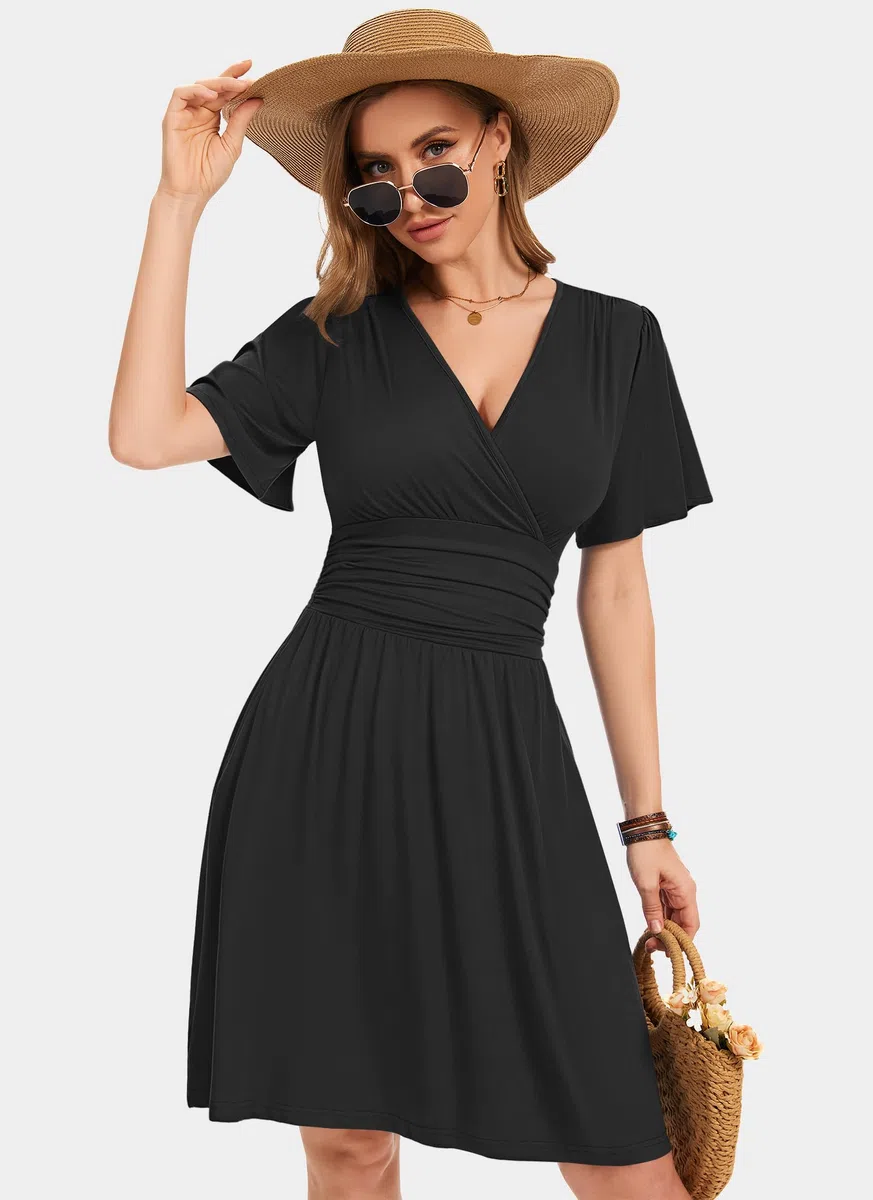 WNEEDU Sommerkleider Damen Elegant Kleid Rüschenärmel V-Ausschnitt Empire Taille Leichte Sommerkleider Luftige Strandkleider Damen mit Taschen