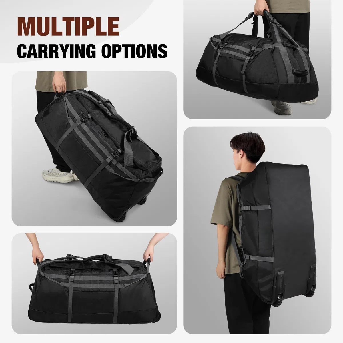 REDCAMP 140L Extra Große Reisetasche mit Rollen, Faltbare XXL Rucksack Sporttasche, Wochenend Handgepäck für Camping, 92x40x38cm, Schwarz