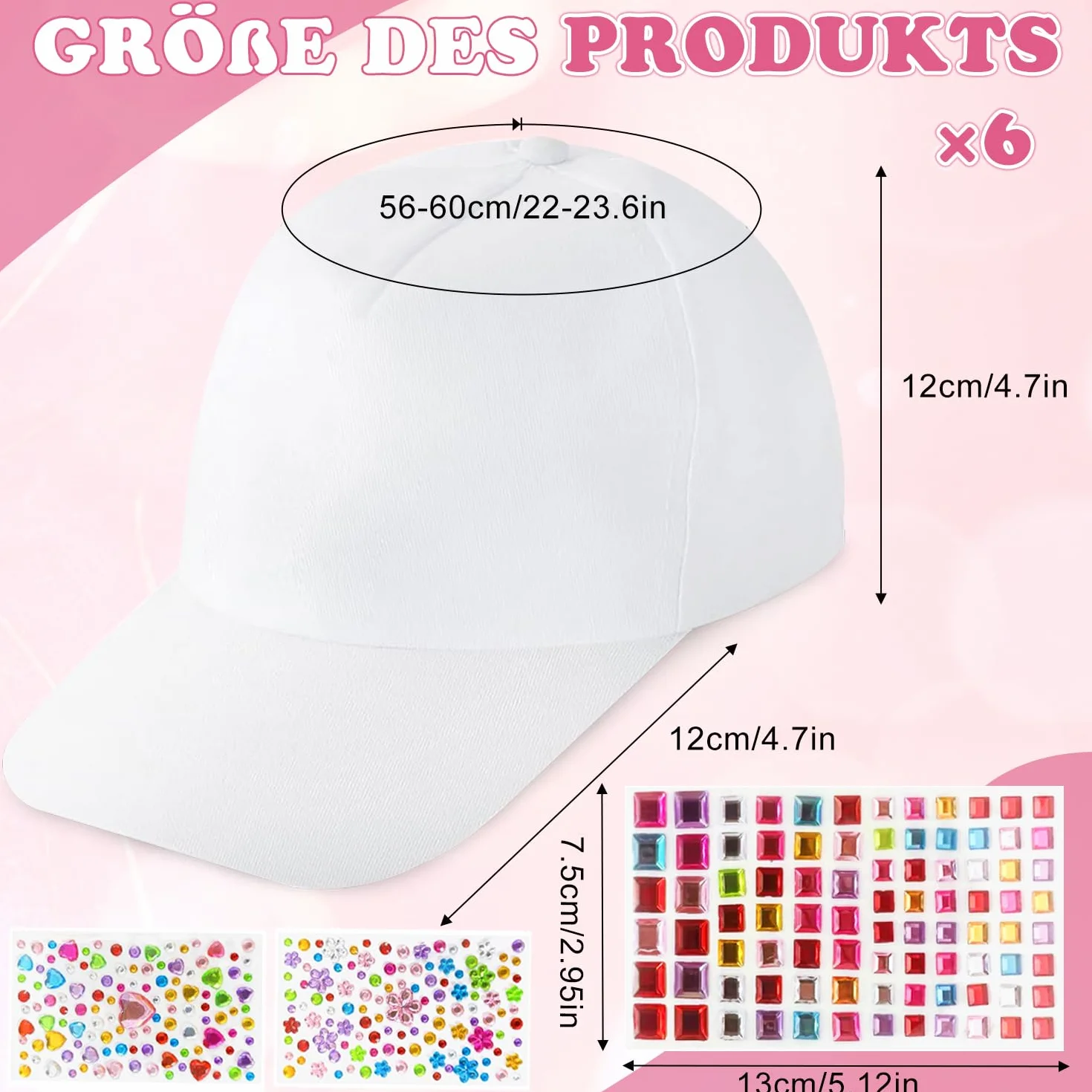 Voarge 6 Stück Kinder Kappen zum Bemalen,DIY Baseballkappe,Baseballcap Anstrich Hut Mütze Kinder Baseballmütze mit 3 Pcs Edelstein Aufklebern