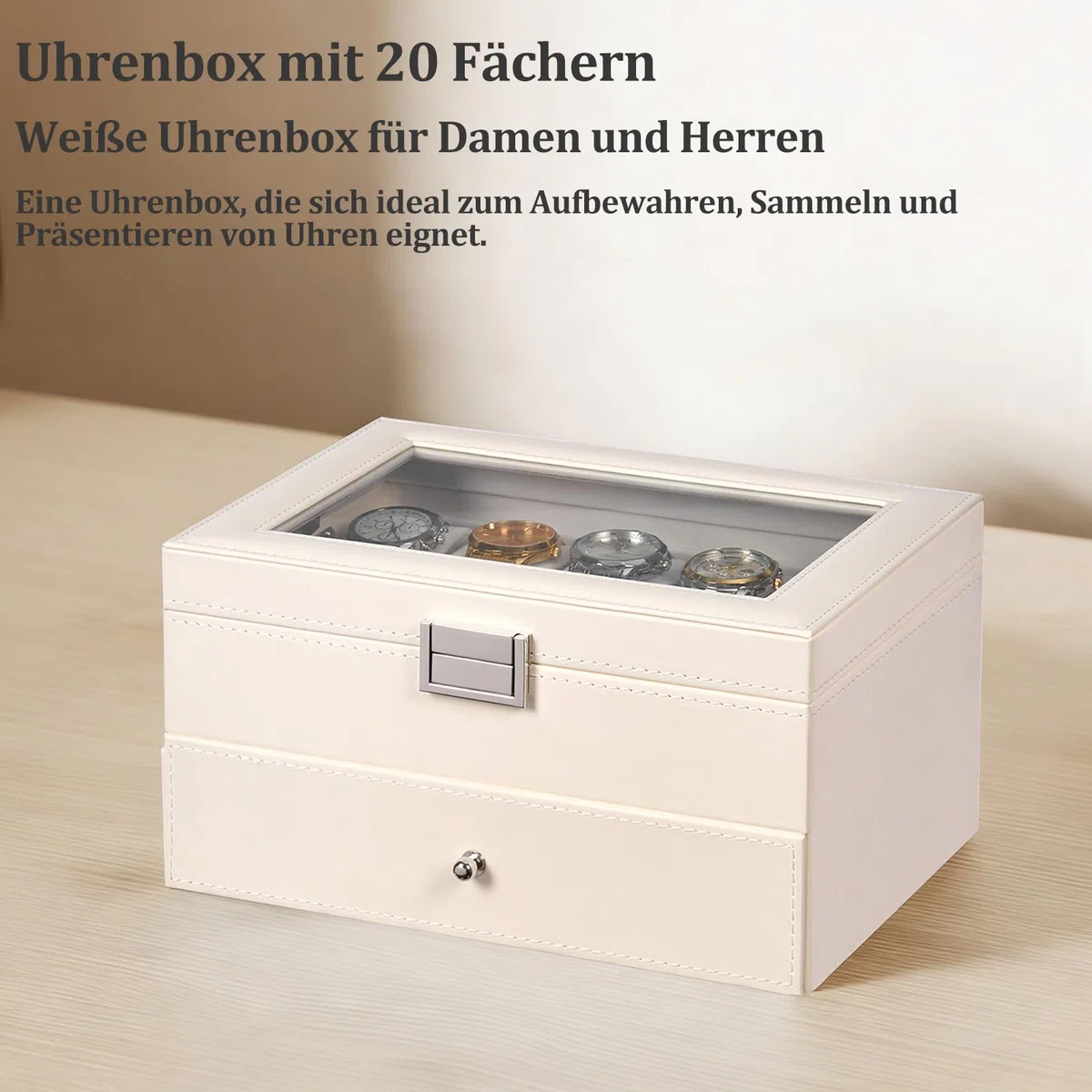 BEWISHOME Uhrenbox Organizer 20 Fächer Uhrenbox Herren Display Aufbewahrungsbox Metallscharnier Weißes PU-Leder Glasdeckel Großer Uhrenaufbewahrung, Uhrenkasten Damen, Weiß ESSH04W