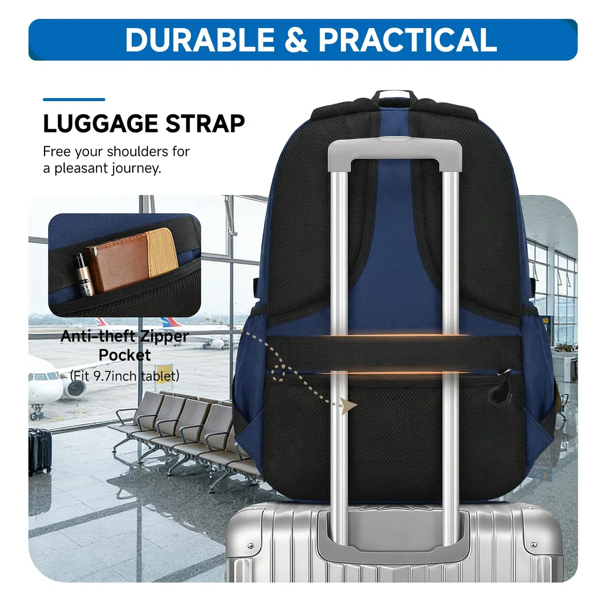 Amythe Schulrucksack Jungen Teenager - Wasserdichter Leichter 35L Großer Rucksack für Gymnasium mit 15,6 Zoll Laptopfach und Trolley-Gurt - Ideal für Schule und Reisen, Blau
