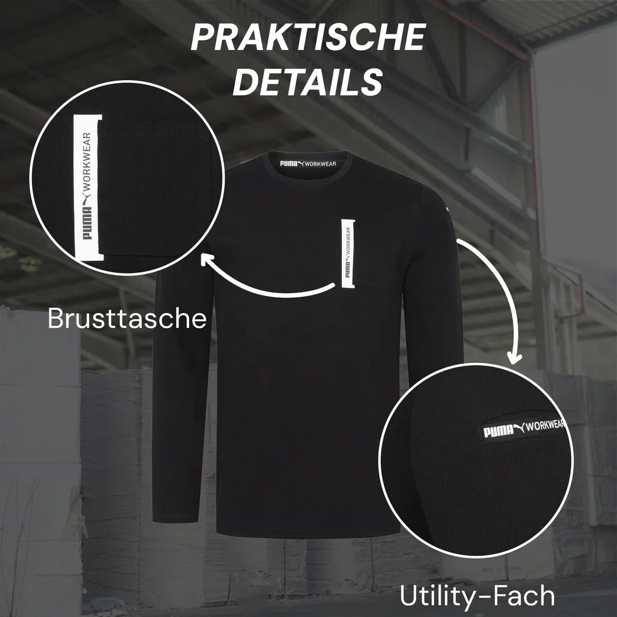 PUMA Workwear Advanced Kollektion - Longsleeve Herren Pullover - Brusttasche und Utility Fach an der Schulter, Strapazierfähiges und atmungsaktives Gewebe - Für Handwerk und Logistik