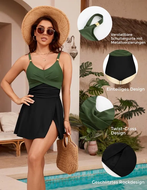 Hanna Nikole Badekleid Damen Bauchweg Einteiler Badeanzug Push Up Bademode Weiche Strandmode Modische Metallschnalle Schwimmanzug mit Schwimmhose &Verstellbarer Schultergurt