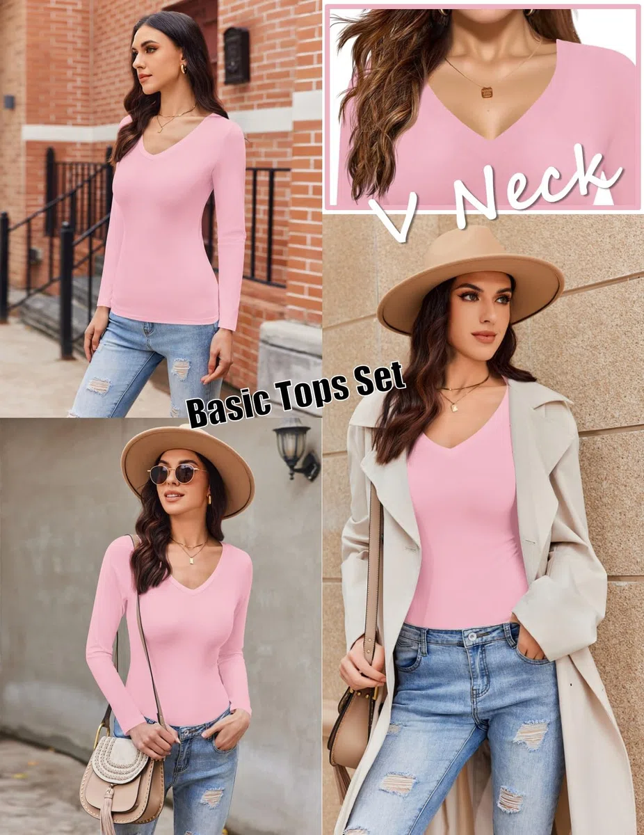Ekouaer Damen 3 Pack Langarmshirt V-Ausschnitt Unterhemd Sexy Layer Tee Dünn Thermo Oberteil Slim Fit Basic Tops S-XXL