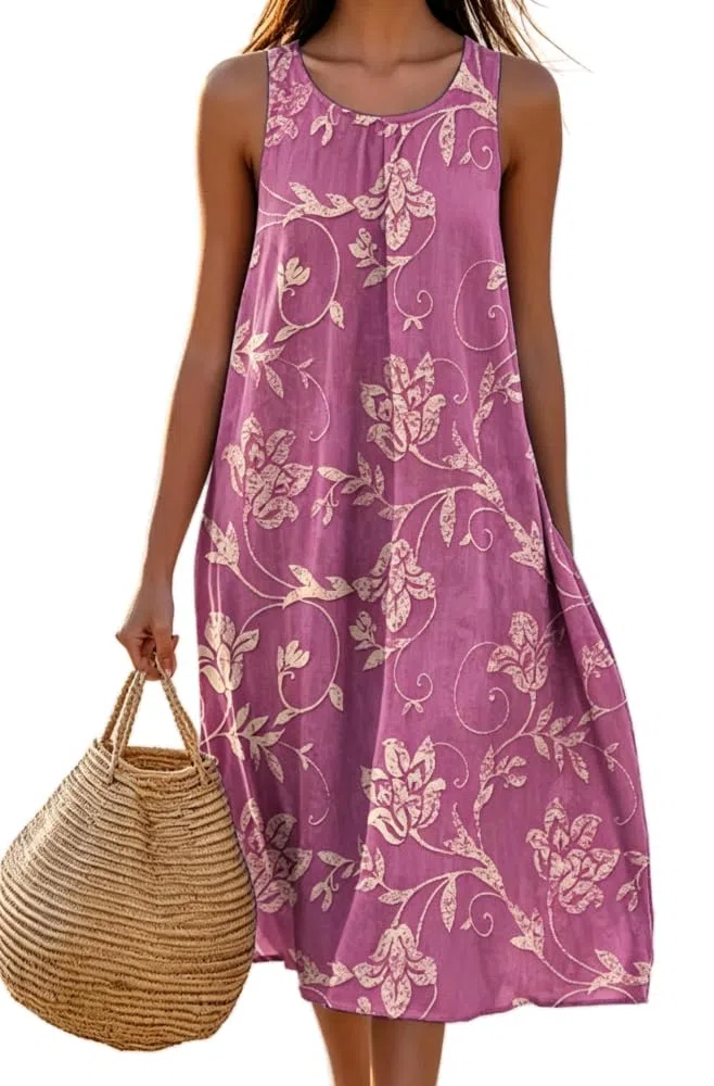 Sommerkleid Damen Ärmellose Strandkleid Rundhalsausschnitt Blumenprint Maxi Kleid Freizeitkleid Sommer Kleider Casual
