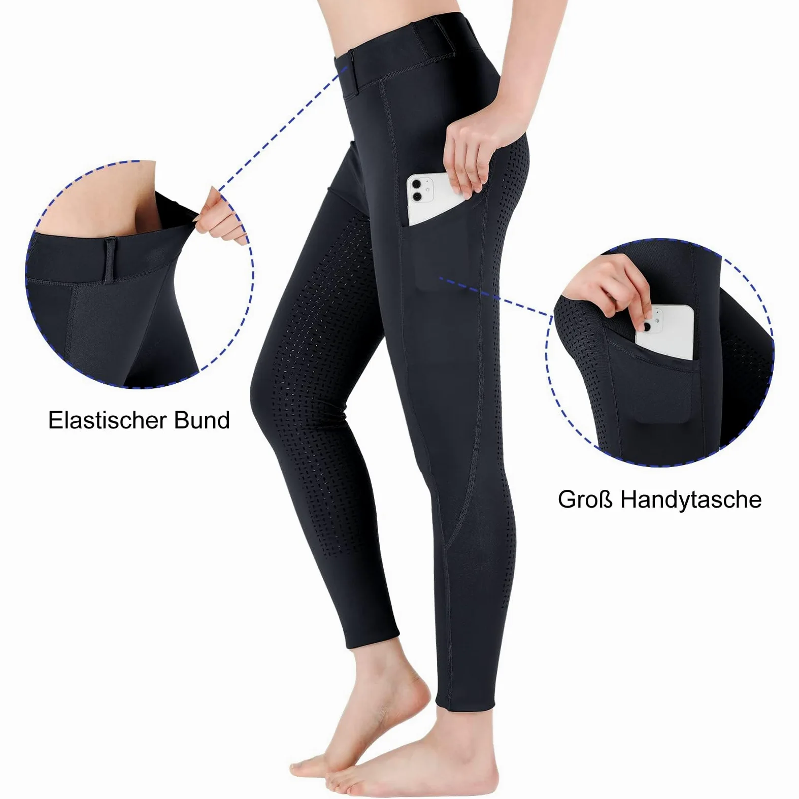 beroy Kinder Reithose Vollbesatz mit Silikon Reitleggings Mädchen mit Gürtelschlaufen und Handytasche