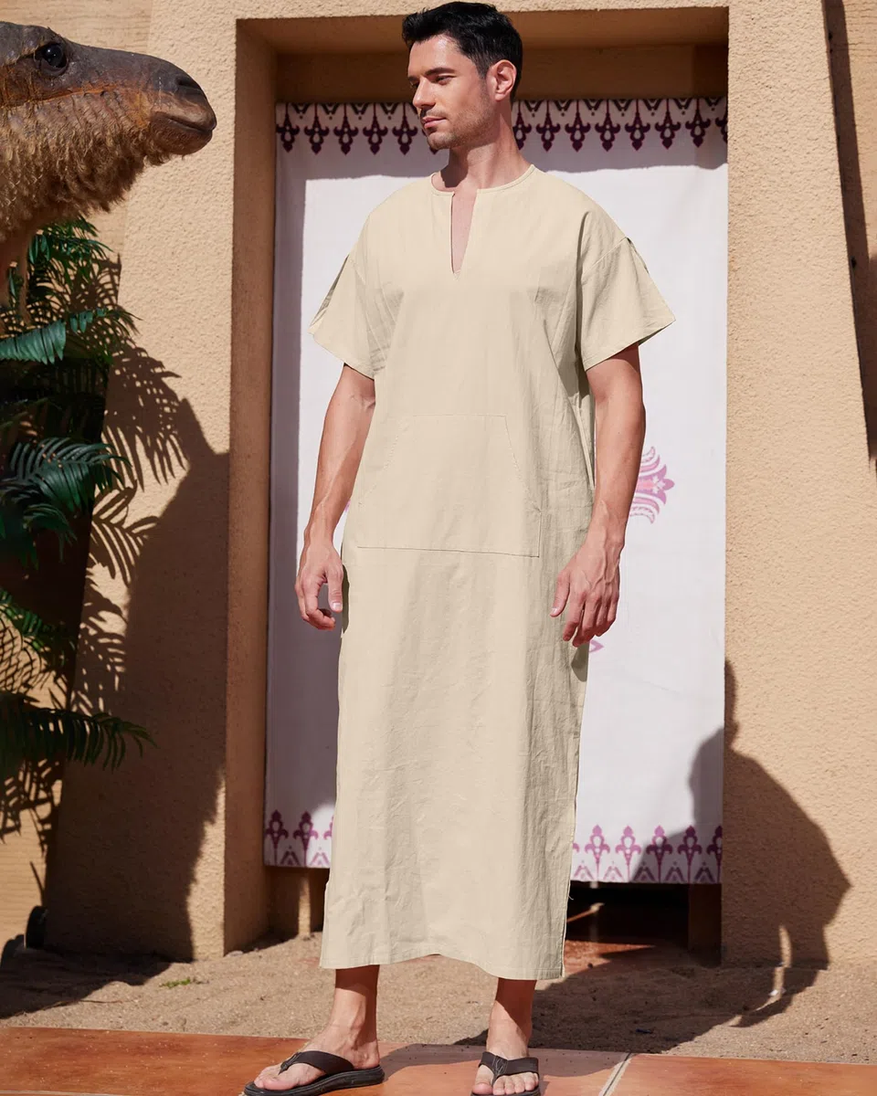 YAOHUOLE Herren Kaftan Seite Split Islamische Kleidung mit Taschen Leinen Kaftan Herren Thobe