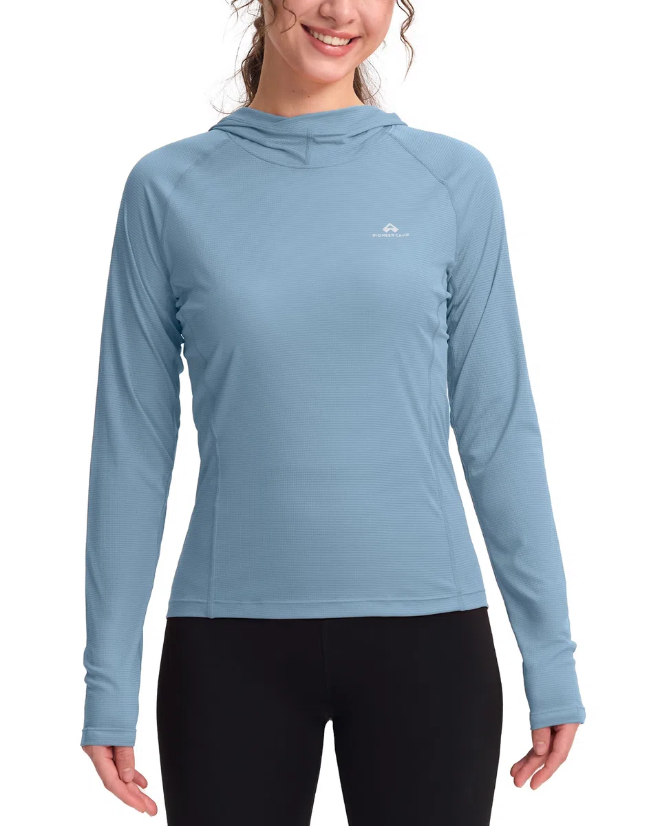 Pioneer Camp Damen Wandershirt mit Kapuze, Ultraleichtes Funktionsshirt (90g), Schnelltrocknend & Atmungsaktiv, UPF23+ Langarm UV-Shirt mit Daumenlöchern, für Trekking Wandern Camping Laufen
