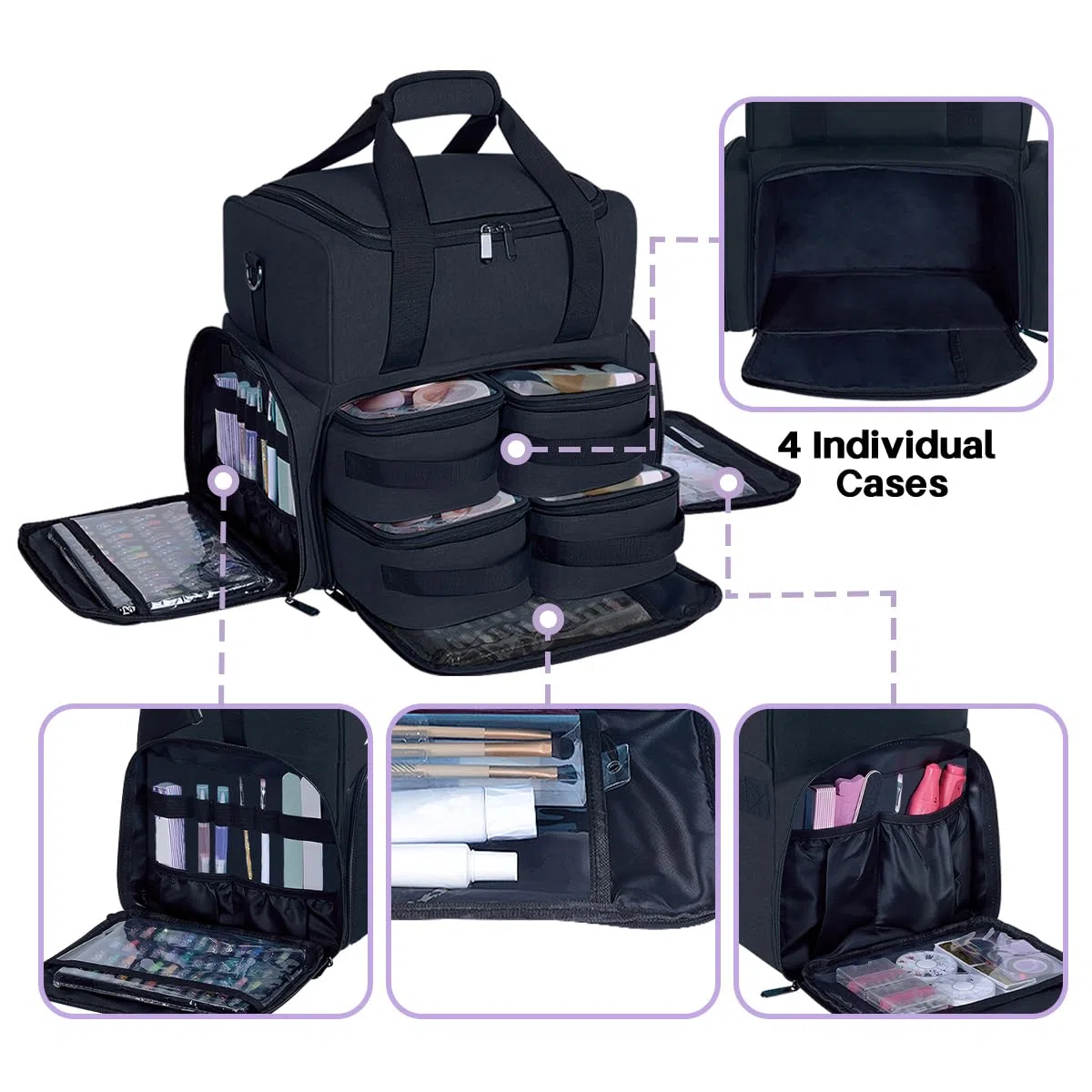 Große Kosmetiktasche mit Abnehmbaren Make-up-Tasche Schwarz | mit 4 abnehmbaren Doppelschicht Reiseveranstalter Make-up-Tasche mit Innenteilern und Bürsten Aufbewahrungsbereich