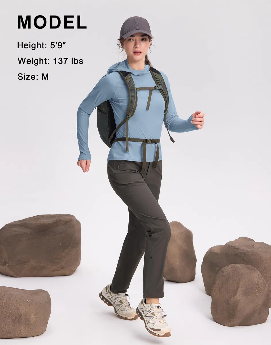 Pioneer Camp Damen Wandershirt mit Kapuze, Ultraleichtes Funktionsshirt (90g), Schnelltrocknend & Atmungsaktiv, UPF23+ Langarm UV-Shirt mit Daumenlöchern, für Trekking Wandern Camping Laufen