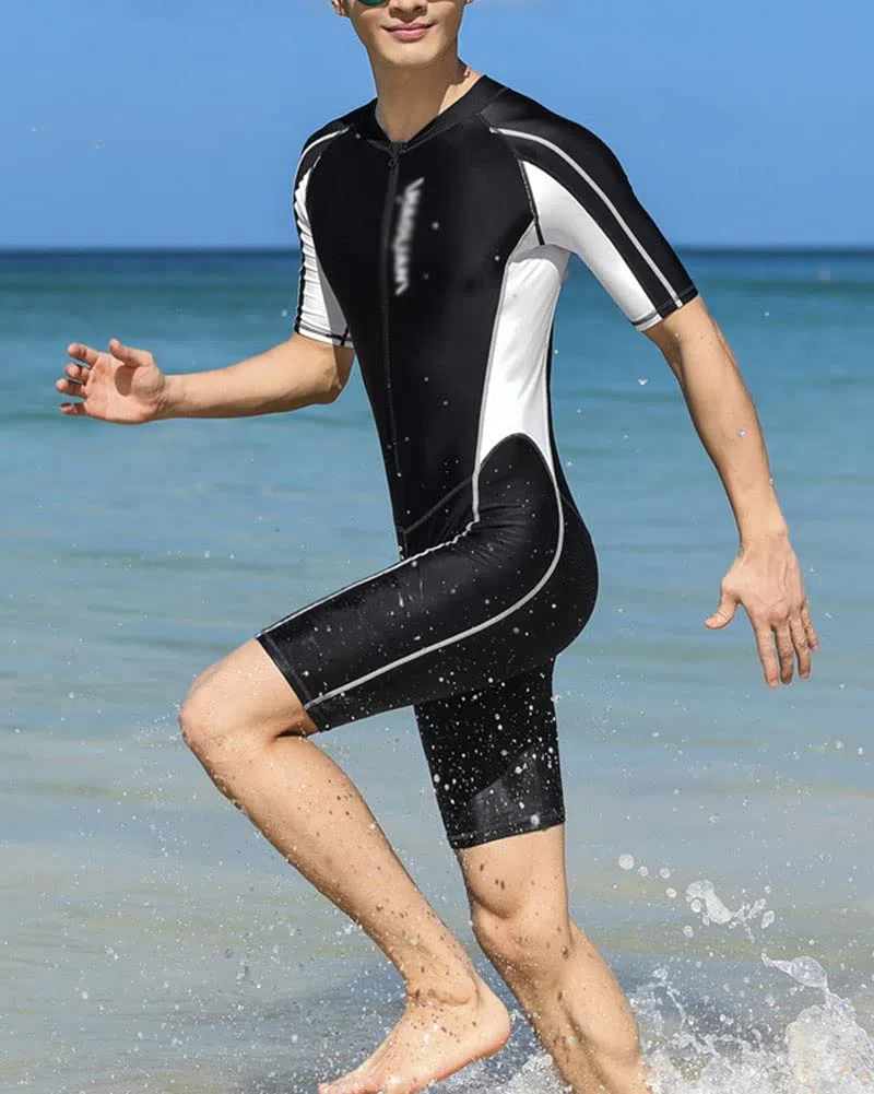 Herren Einteiliger Badeanzug Kurzarm Badehose Surfanzug Zipper Badeshirt mit Shorts Gymnastikanzug Training Bademode Schwimmanzug Schutzkleidung Sonnenschutz Sonnenanzug Taucheranzug