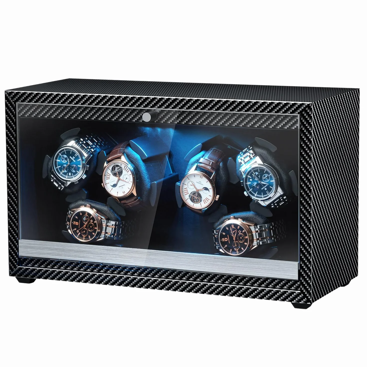 Mcbazel Automatischer Uhrenbeweger für 6 Uhren mit LED-Licht, Ultra-Leiser Motor 4 Rotationsmodi Watch Winder USB DC Betrieben, Geeignet für Uhren bis 45 mm - Carbonfaser-Muster