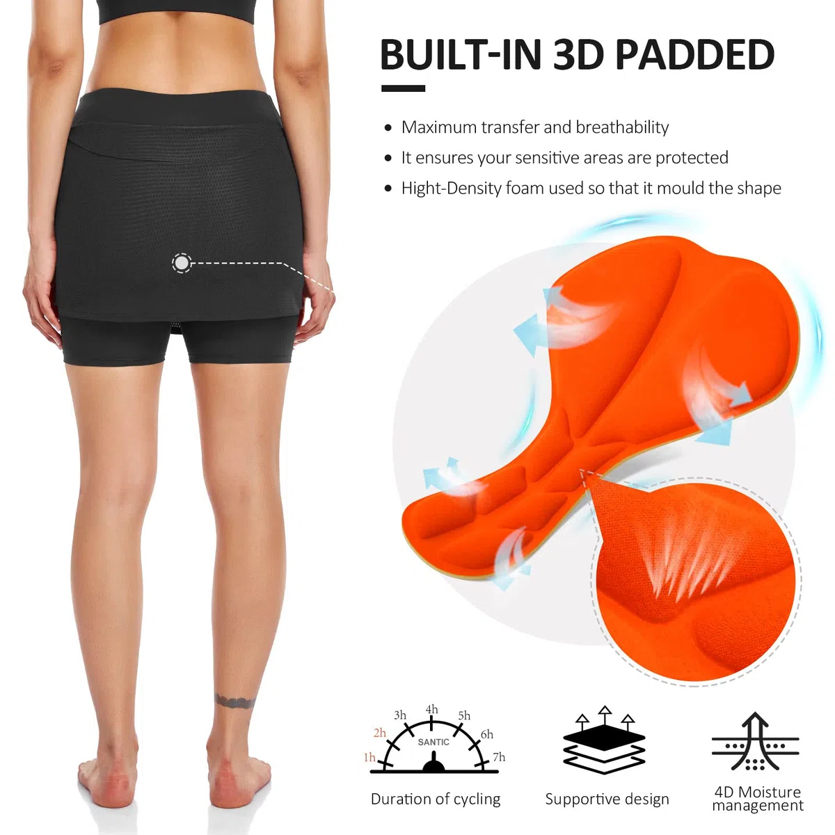 Santic Fahrradröcke Skorts 2 in 1 Kurze Damen Fahrradhose mit Gepolsterte hoher Bund Hosenrock Rock Shorts Sitzpolster Radlerrock