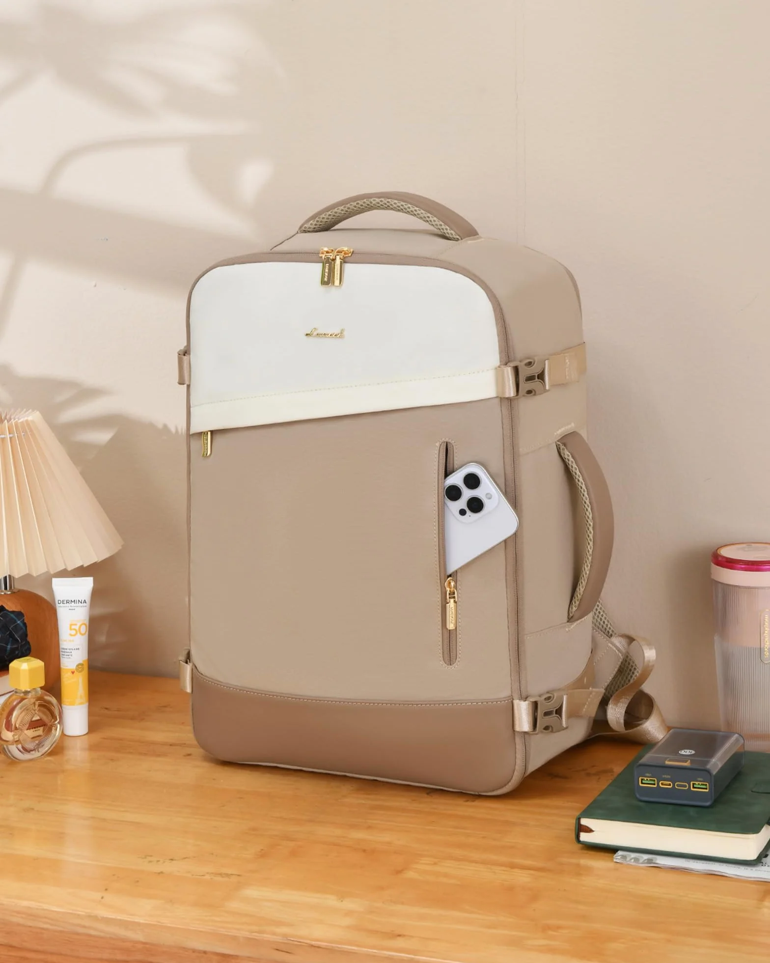 LOVEVOOK Ryanair Handgepäck 40x30x20, 24L Travel Handgepäck Rucksack für Damen, Erweiterbares Design, Ryanair Rucksack, Reiserucksack Cabin Bag für Eurowings, Wizz Air - Khaki