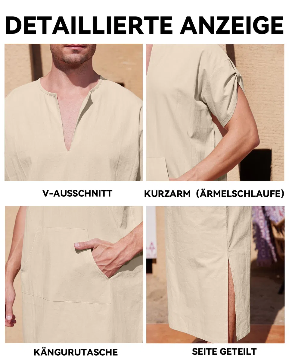 YAOHUOLE Herren Kaftan Seite Split Islamische Kleidung mit Taschen Leinen Kaftan Herren Thobe