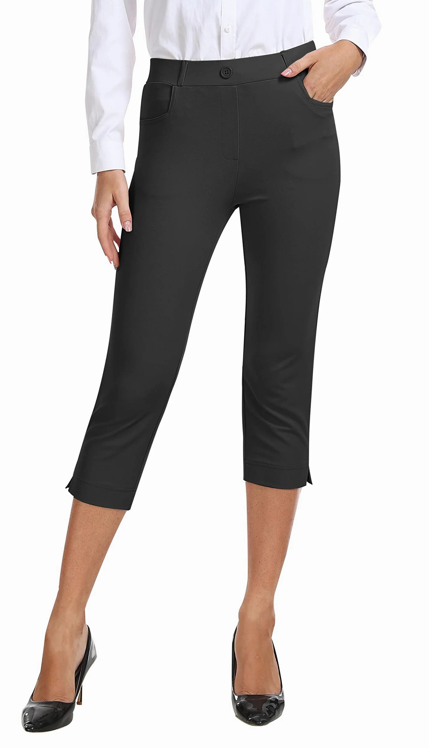 Damen Hosen für Business Stretch Freizeithose High Waist Straight Yoga Bürohose Slim Fit Capri Hosen mit Taschen Schwarzgrau S