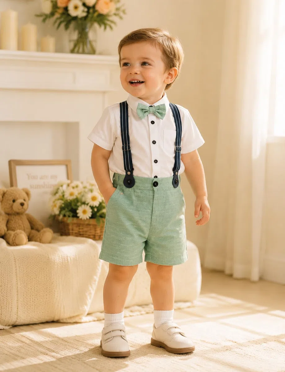 mintgreen Baby Jungen Anzüge, Neugeborenes Hemd Hose Taufe Gentleman Outfit Kurzarm Passen mit Strap, 1–4 Jahre