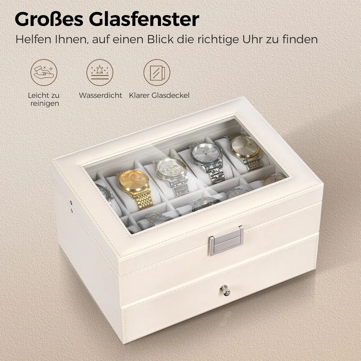 BEWISHOME Uhrenbox Organizer 20 Fächer Uhrenbox Herren Display Aufbewahrungsbox Metallscharnier Weißes PU-Leder Glasdeckel Großer Uhrenaufbewahrung, Uhrenkasten Damen, Weiß ESSH04W