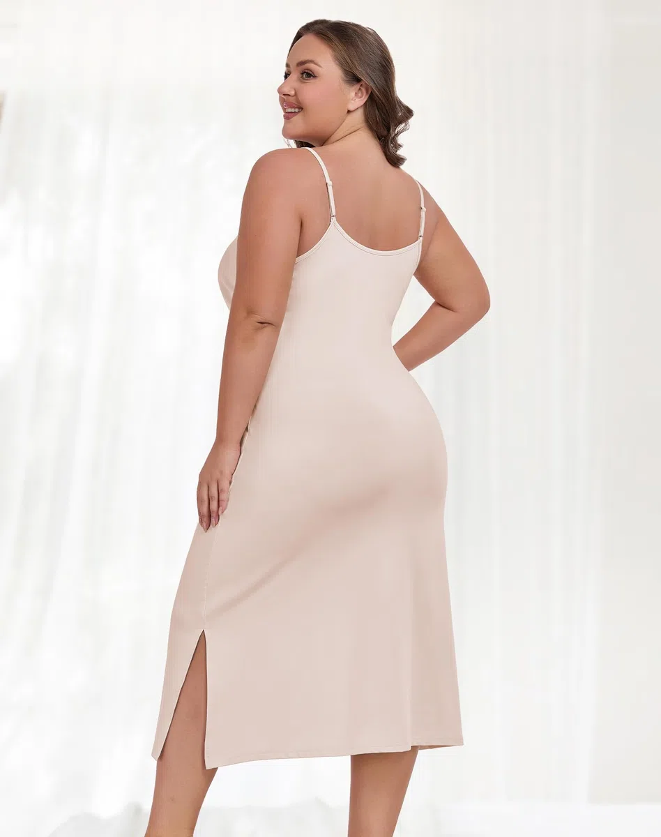 Unterkleid für Damen, Übergröße, verstellbarer Spaghettiträger, V-Ausschnitt, langer Slip, Cami-Nachthemd