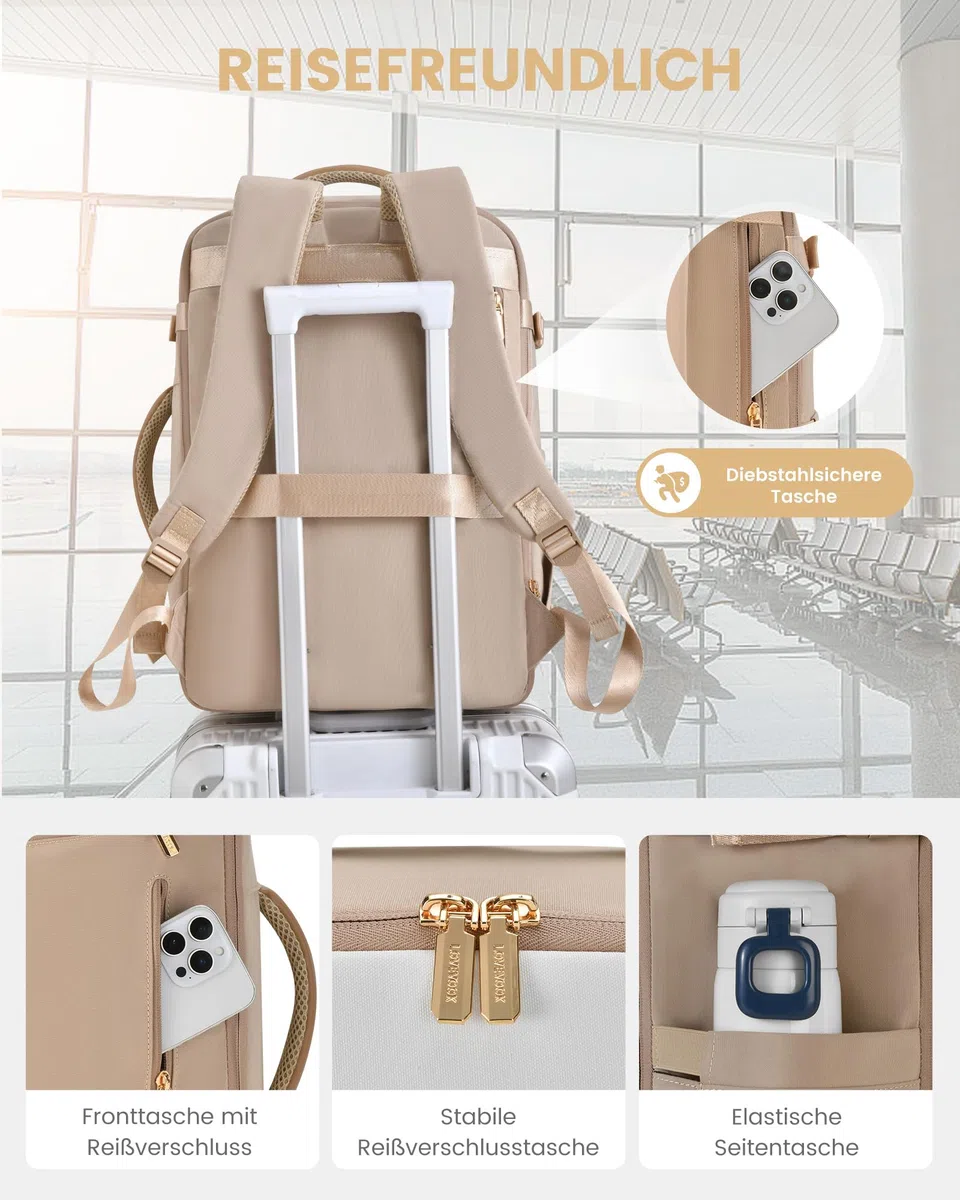 LOVEVOOK Ryanair Handgepäck 40x30x20, 24L Travel Handgepäck Rucksack für Damen, Erweiterbares Design, Ryanair Rucksack, Reiserucksack Cabin Bag für Eurowings, Wizz Air - Khaki