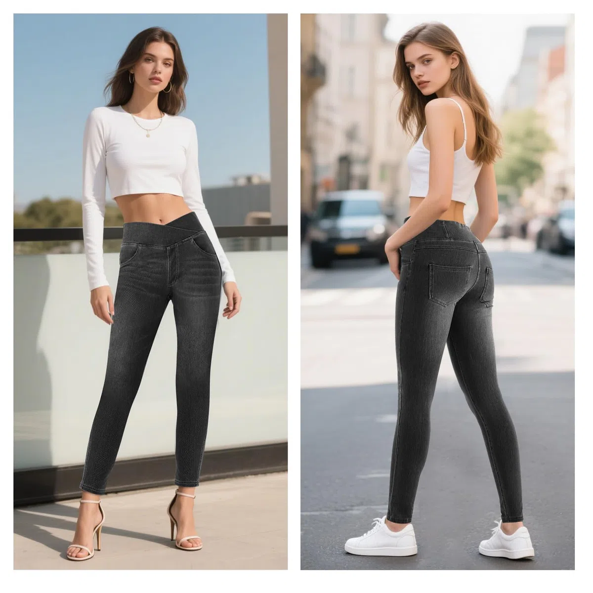 LaiEr Damen V Crossover Skinny Jeans Hohe Taille Bauchkontrolle Casual Fitness Leggings, Weich und elastisch Casual Faux Denim Print mit Seitentaschen