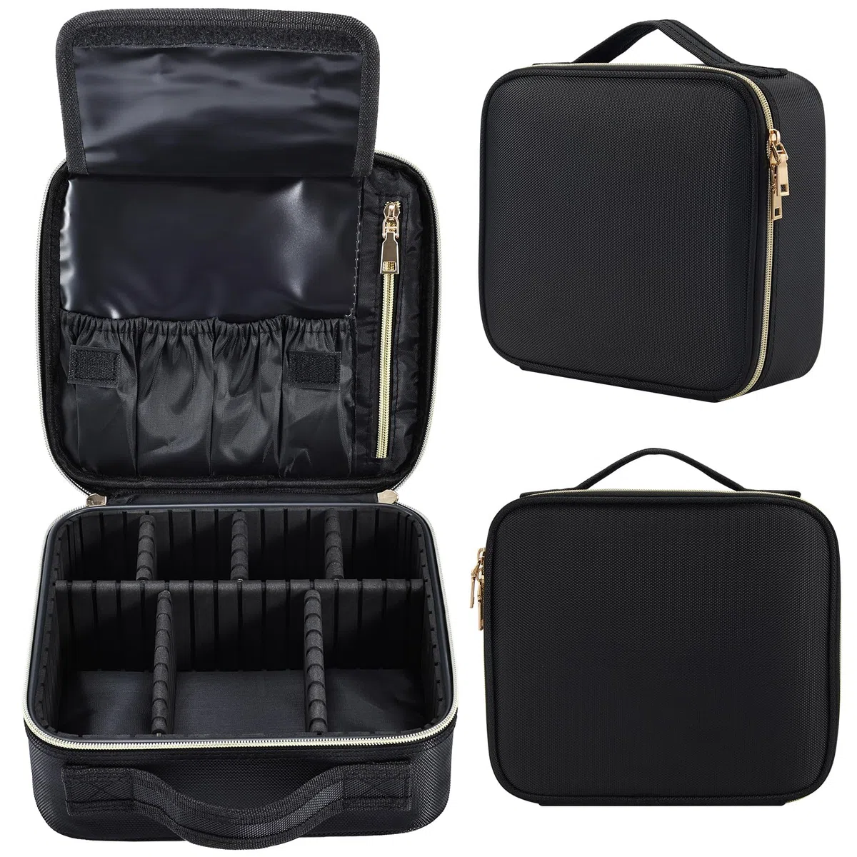 Kosmetiktasche Damen Make up Tasche Make up Koffer Kosmetikkoffer Kleine Schminktasche Schminkkoffer Make up Organizer Tasche Make up Bag mit Verstellbaren Teiler,Schwarz
