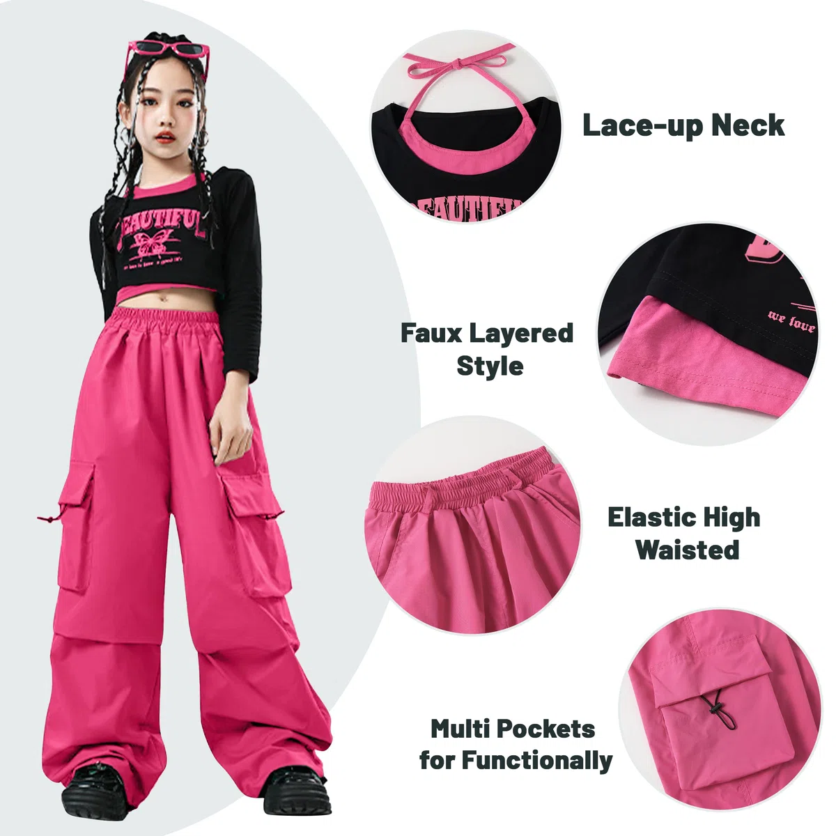 LOLANTA Mädchen Hip Hop Outfit, Bedrucktes Crop Top & Cargo Hose Tanz Set, Trendige Streetwear, 6-13 Jahre
