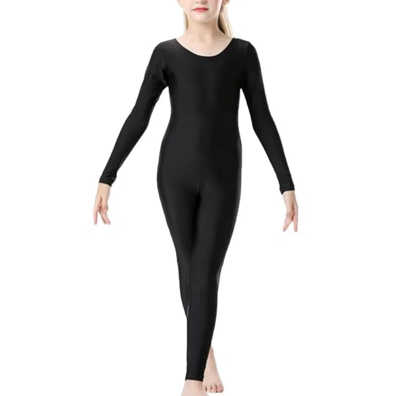 Damen Mädchen Kinder Glänzend Steigbügel Tanzkostüm Gymnastik Langarm Einteiler Catsuit