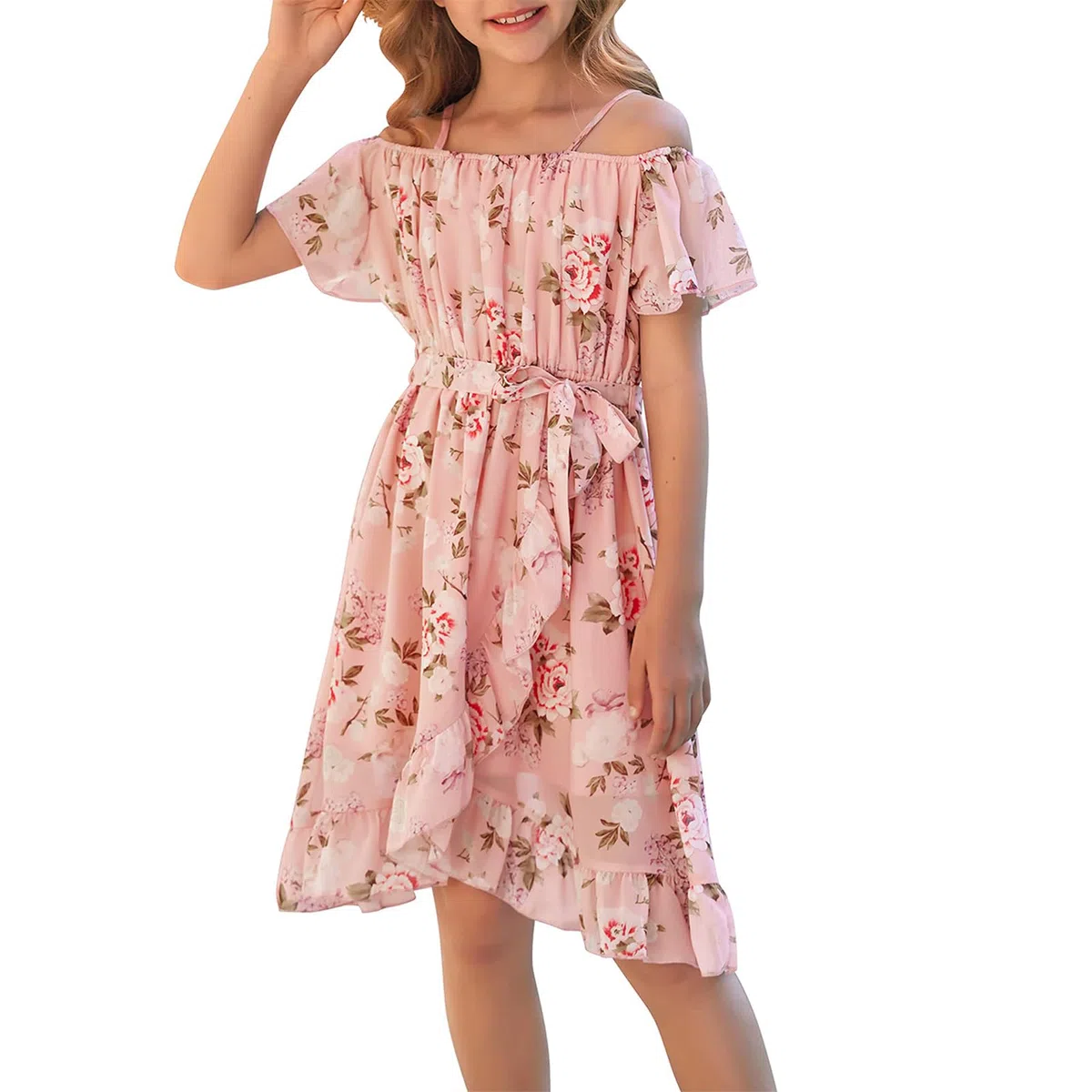 Lässig Kleider für Mädchen,Chiffon Blumenkleid Schulterfrei Sommerkleid mit Verstellbarem Riemen,Freizeit mit Rüschenärmel Ärmeln für Mädchen im Alter von 6 bis 14 Jahren