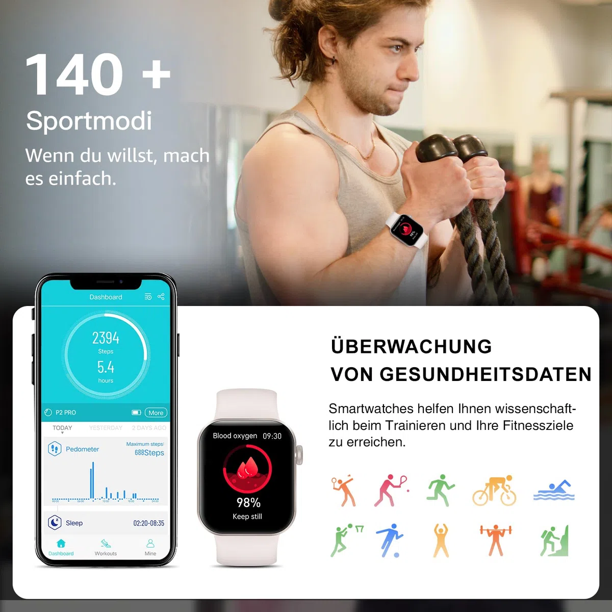 Smartwatch Damen Herren, 1,85" Smart Watch mit Telefonfunktion/Message Reminder, 140+ Sportmodi Impermeabile IP68 Fitnessuhrmit Herzfrequenzmonitor/Schlafmonitor Schrittzähler für iOS Android