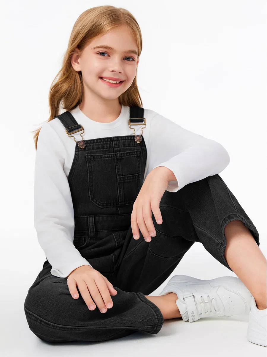 Haloumoning Denim Jumpsuit Mädchen Jeans Latzhose Kinder Ärmelloses Lange Hosen Overall Casual Loose Fit Strampler mit Taschen