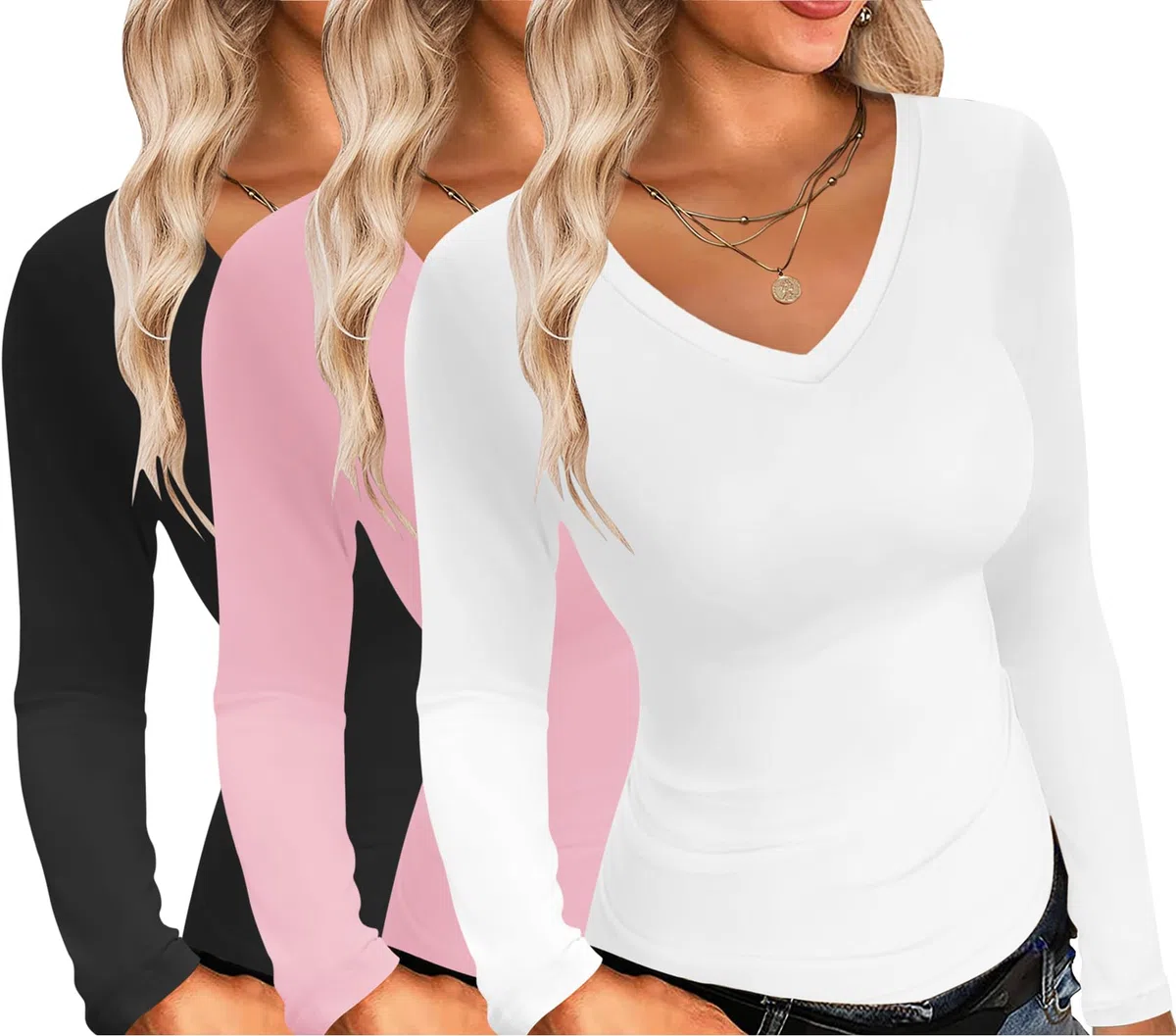 Ekouaer Damen 3 Pack Langarmshirt V-Ausschnitt Unterhemd Sexy Layer Tee Dünn Thermo Oberteil Slim Fit Basic Tops S-XXL