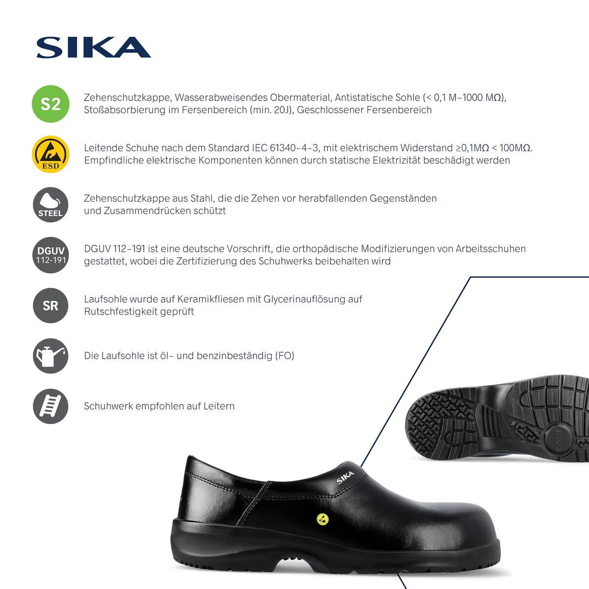 SIKA Unisex-Sicherheitsclog, rutschfeste PU-Sohle, Permair-Leder, stoßdämpfende Laufsohle, ESD-geprüft, waschbare Innensohle, professionelle Arbeitsschuhe für die Lebensmittel- und Medizinbranche