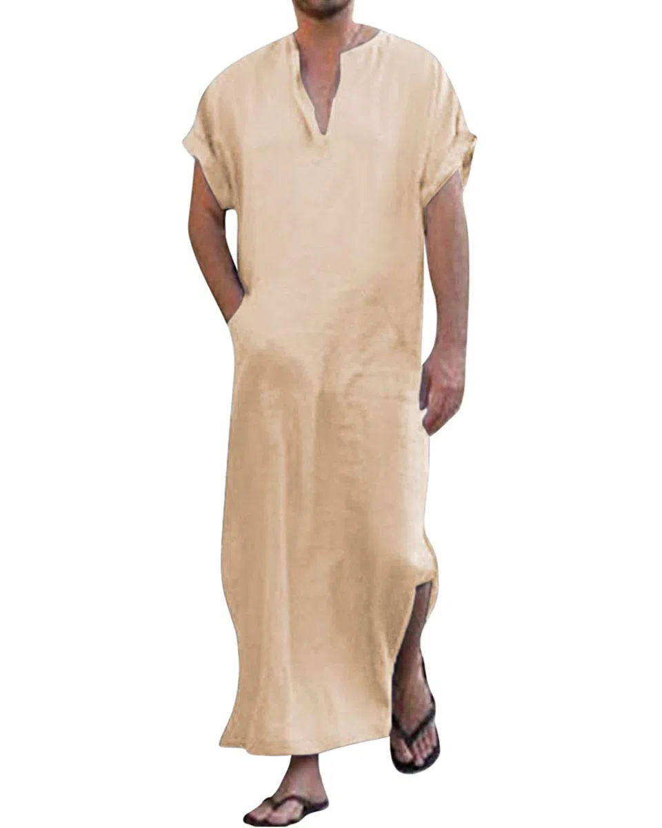 YAOHUOLE Herren Kaftan Seite Split Islamische Kleidung mit Taschen Leinen Kaftan Herren Thobe