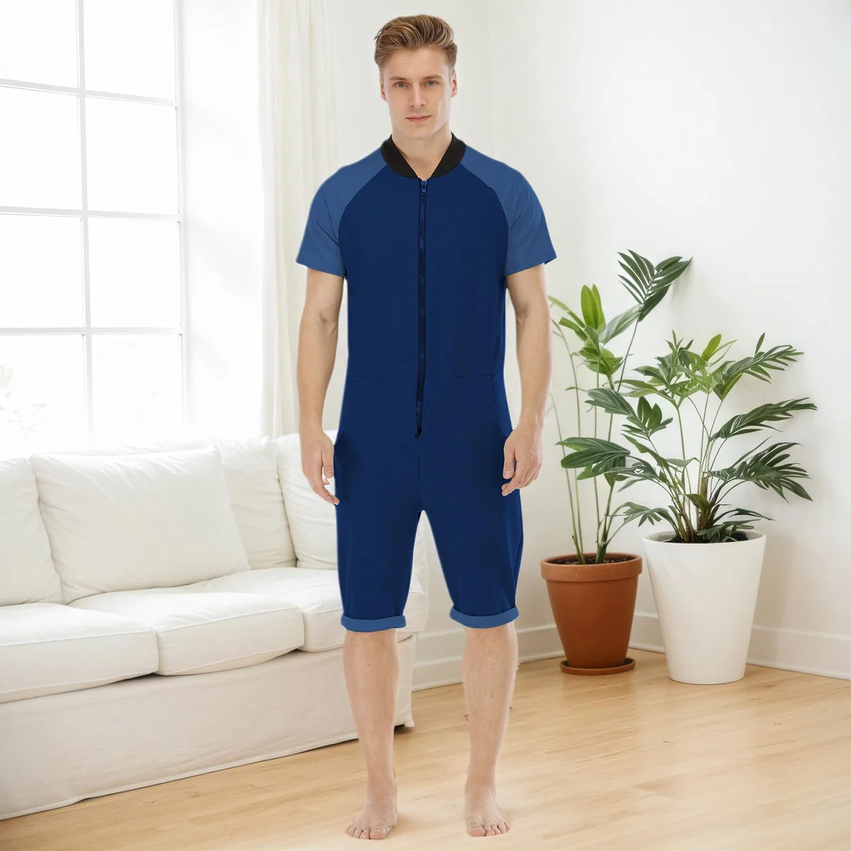 Herren Kurz Jumpsuit Onesie Sommer Overall Pyjama Hoodie Jogginganzug Männer T-Shirt Kurze Hose Schlafanzug Einteiler Sommerjumpsuit Schlafoverall Sportanzug Nachtwäsche