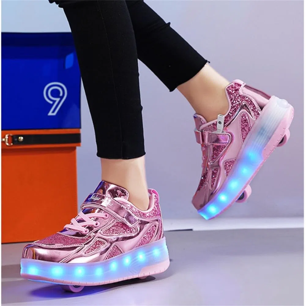 Mateju Kinder Schuhe mit Rollen für Jungen Mädchen 2-in-1 Rollschuhe Versenkbarer Doppelt Rollen Funkelnde Pailletten Outdoor Sportschuhe Roller Schuhe Turnschuhe Skateboardschuhe