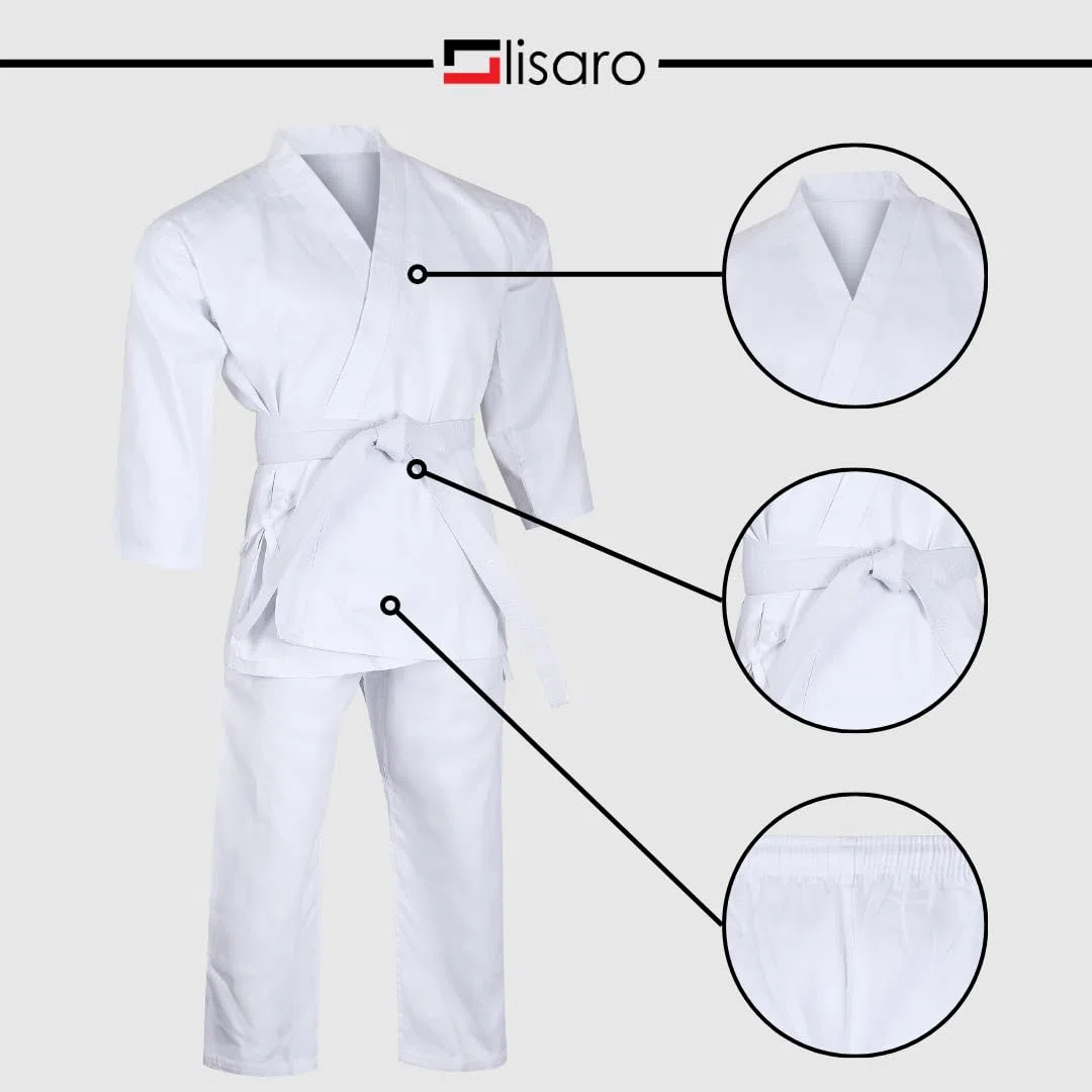 Lisaro Karateanzug weiß für Kinder & Erwachsene – Kampfsportanzug Karate Gi inkl. Hose mit Gummibund & Gürtel – atmungsaktiv & robust – für Training, Dojo, Verein & Wettkampf