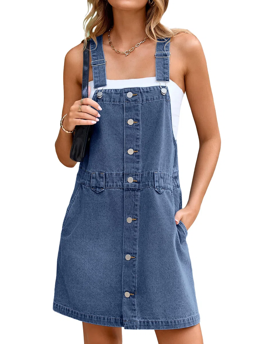 Glamaker Damen Denim Overall Kleid Jeans Ärmellos 2025 Mini Latzhose Casual Knopf Kleid mit Tasche
