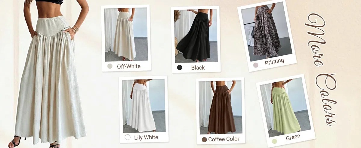 Women's Long Pleated Flowy Maxi Skirt High Waist with Pockets Casual Boho Fashion Style Skirt