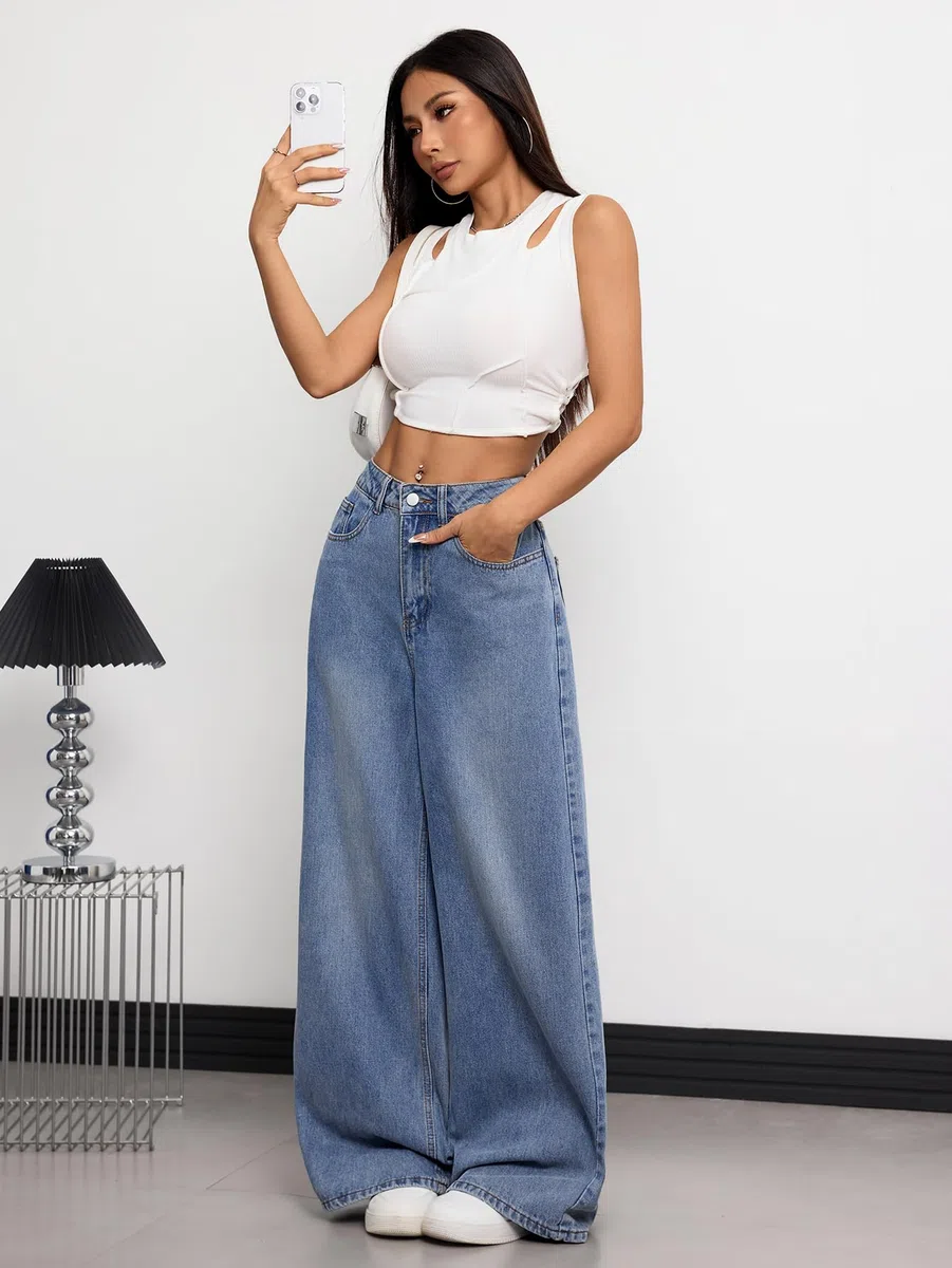 Damen Baggy Jeans Weite Beine Denim Hose Y2K 90er Vintage Hip Hop Loose