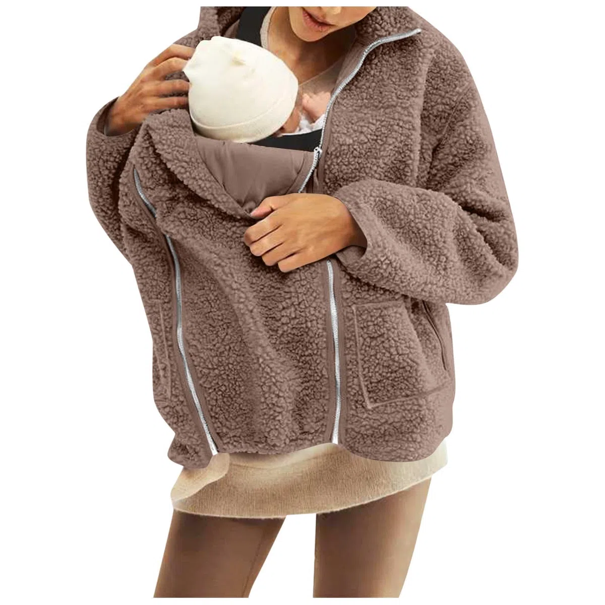 SYDUZAX Umstandsjacke mit Babyeinsatz Warm Teddy Fleecejacke Umstands Baumwolljacke Winter Umstandsmode 2 in 1 Tragejacke mit Taschen Teddyfleece Winterjacke Flauschig Weich Plüschjacke große Größe