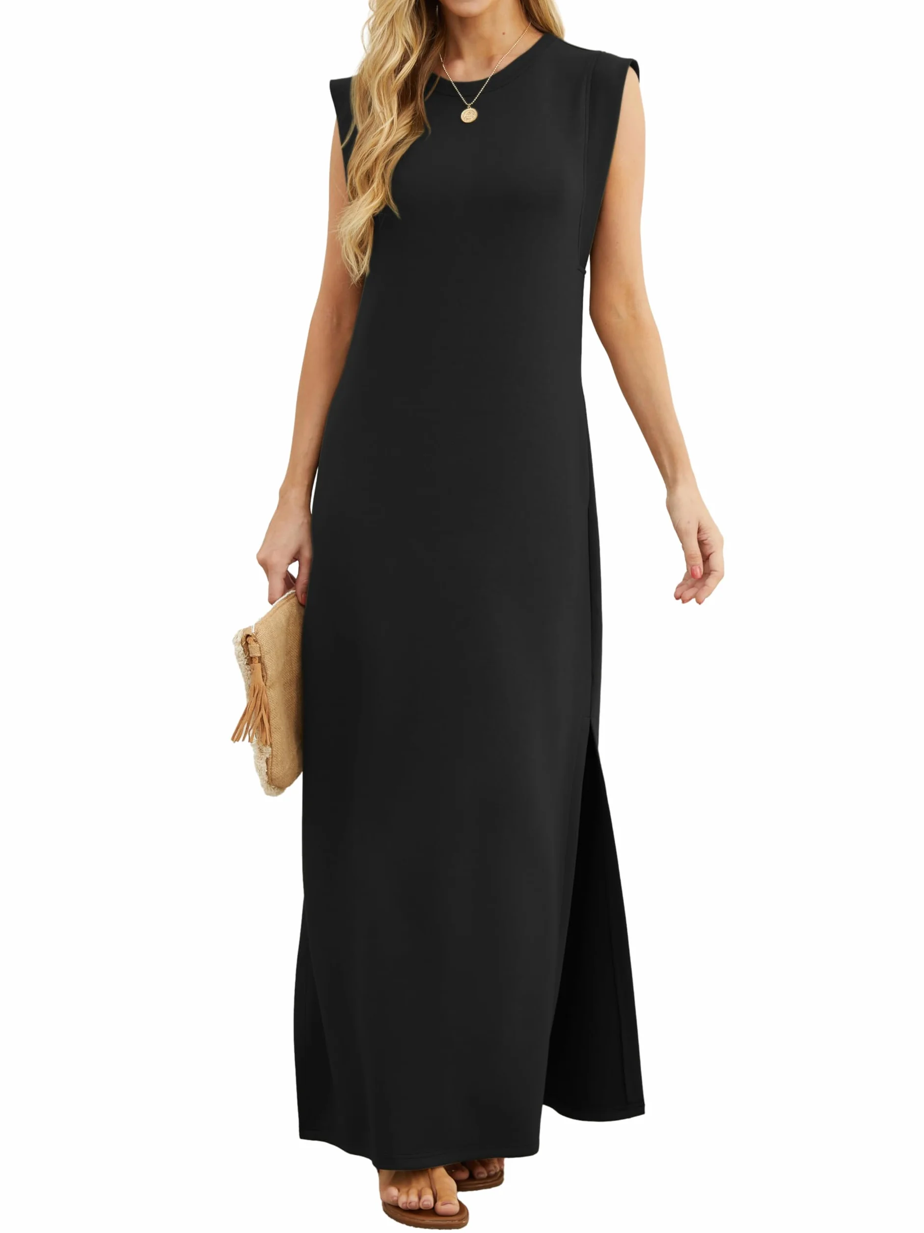 GRECERELLE Damen Sommer Maxikleid lässig Hemdkleider Elegante Stile ärmellos Maxikleider für Damen mit Schlitz und Taschen