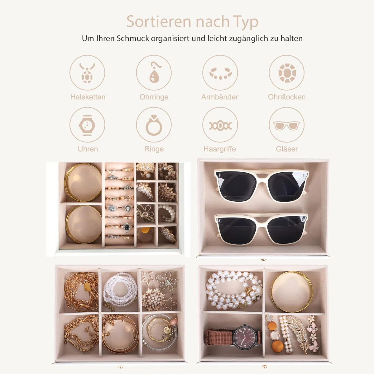 Dajasan Groß Schmuckaufbewahrung, Schmuckkästchen mit 3 Schubladen, Schmuckkasten mit Doppeltür & Spiegel, Schmuckschrank für Schminktisch, PU-Leder Vertikale Textur, Geschenk für Damen (Weiß)