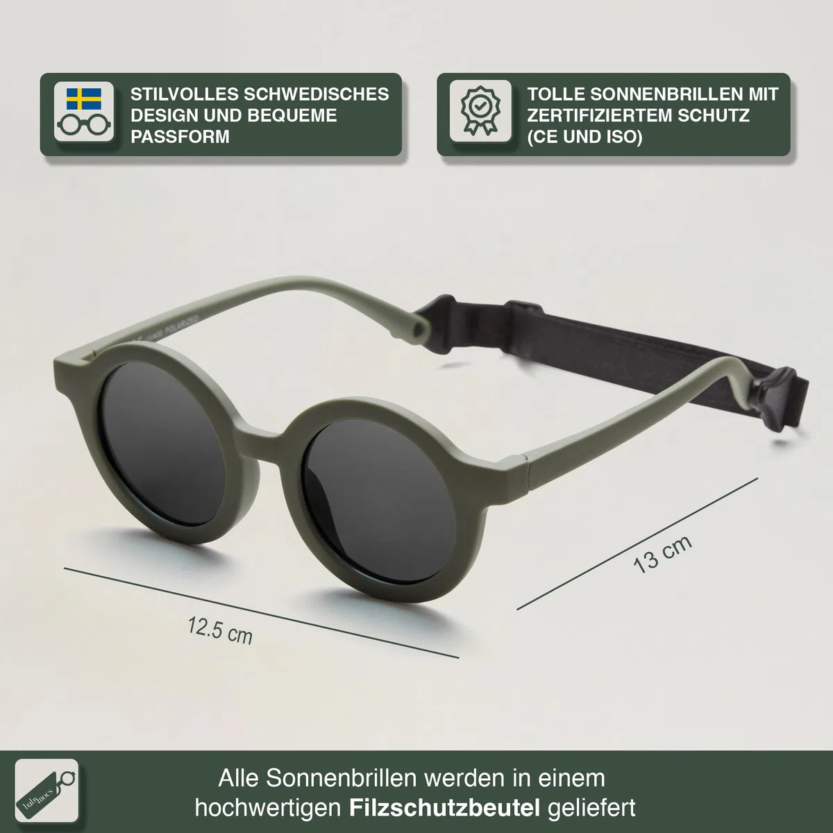 BABYMOCS Runde Sonnenbrille Kinder 1,5 Jahre - 8 Jahre | 100% UV-Schutz | BIEGSAM | BPA-frei | Schadstofffreie Sonnenbrille Kleinkind mit Band | Schwedisches Design