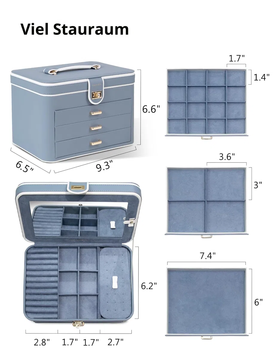 KAMIER Schmuckkästchen für Damen, Große Schmuckschatulle mit 4 Ebenen, Schmuckbox mit Spiegel und Schloss,Schmuckaufbewahrung für Ringe, Ohrringe, Halsketten, Armbänder, Geschenkidee für Mädchen