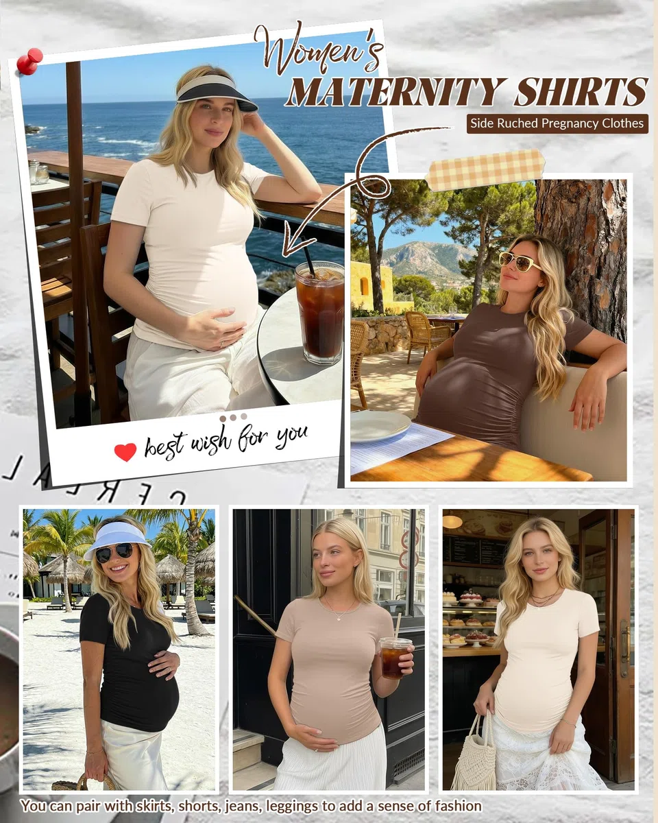 Geyoga 4er-Pack Damen-Schwangerschaftsshirts, Kurzarm, Rundhalsausschnitt, Schwangerschaftsoberteil mit Seitlichen Raffungen