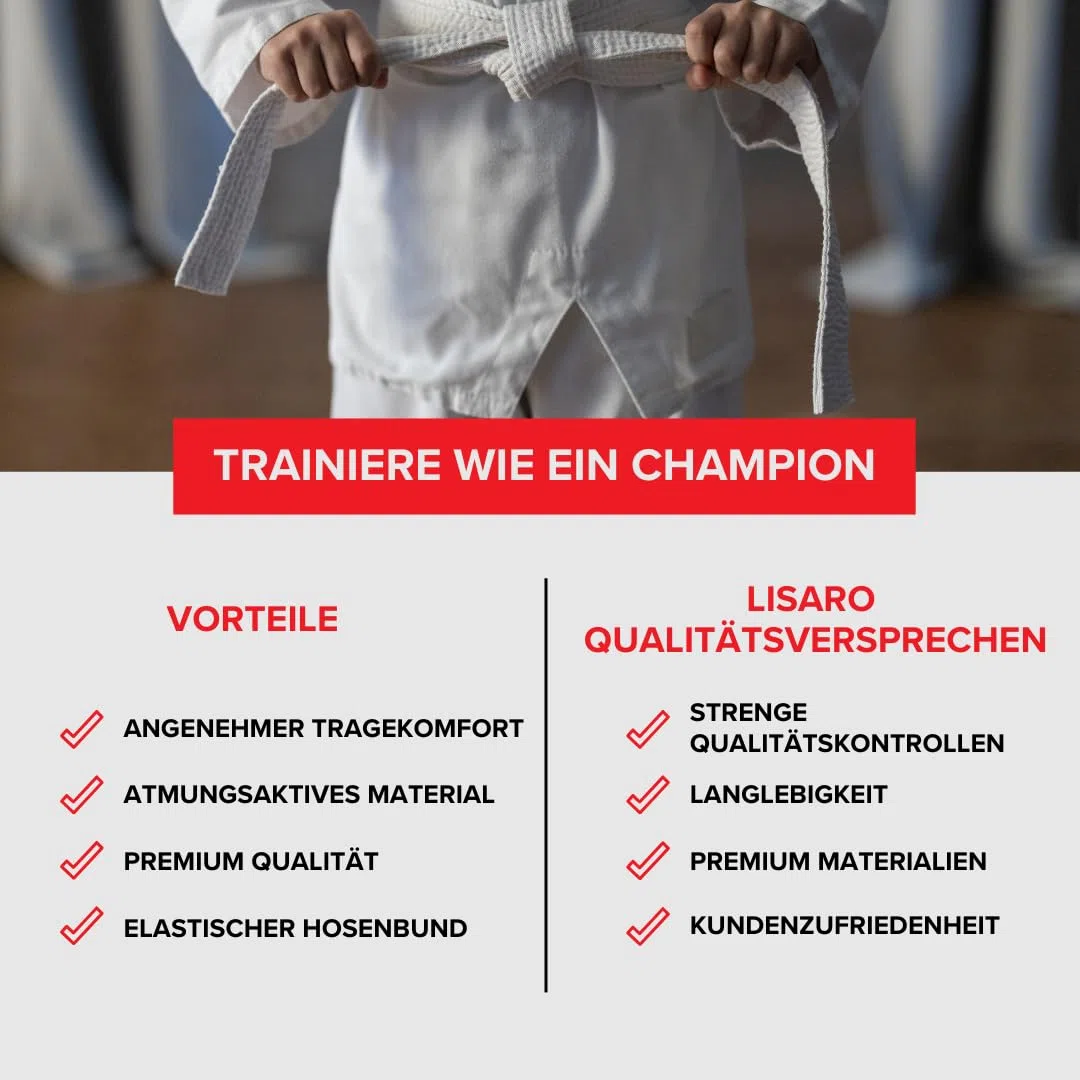 Lisaro Karateanzug weiß für Kinder & Erwachsene – Kampfsportanzug Karate Gi inkl. Hose mit Gummibund & Gürtel – atmungsaktiv & robust – für Training, Dojo, Verein & Wettkampf